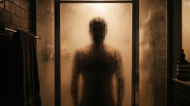 A blurred figure behind glass shower door with hot water mist in minimalist dark bathroom setting.