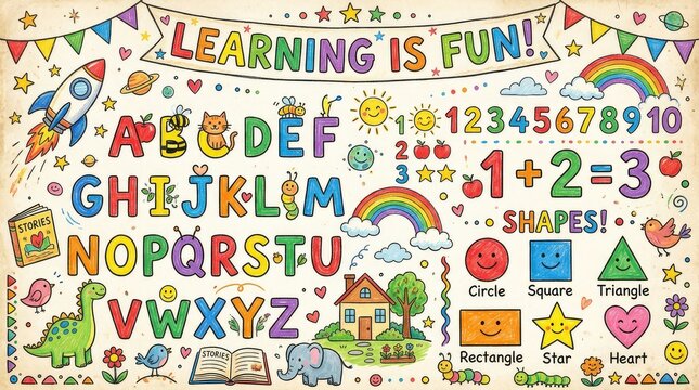 Detailed children learning poster with alphabet letters counting numbers geometric shapes and cute cartoon graphics preschool education kids learning school chart abc letters cute animals