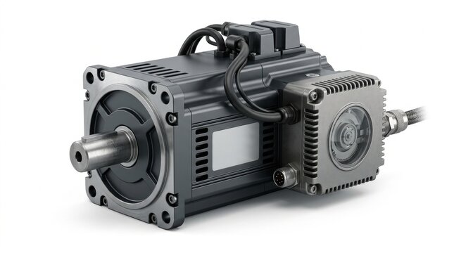 Servo motor with optical encoder, isolated on pure white background
