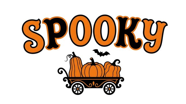 Spooky halloween illustration with a pumpkin carriage and bats on a white background