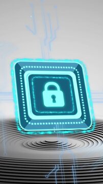 Animation of padlock icon with data network over black and grey concentric rings and grey background