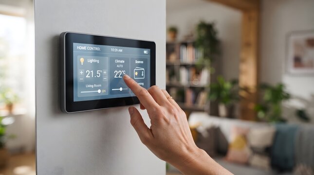 Hand adjusting temperature settings on smart home control screen panel mounted on living room wall