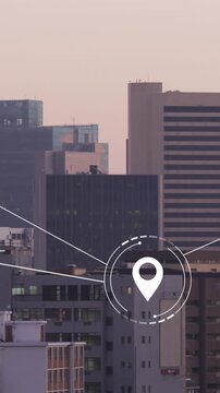 Animation of network of conncetions with icons over cityscape
