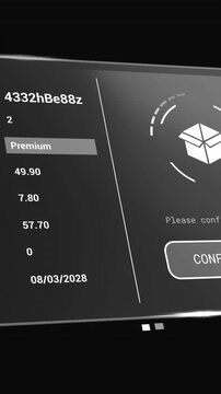 Animation of digital interface with icons and data processing on black background
