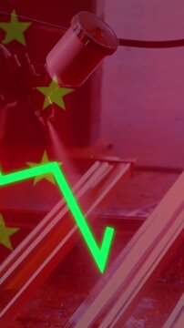 Animation of flag of china and financial data processing over city