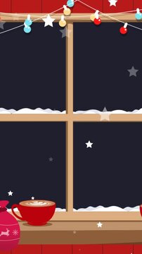 Animation of snow falling over window with santa claus and reindeer