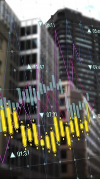 Animation of financial data processing over cityscape