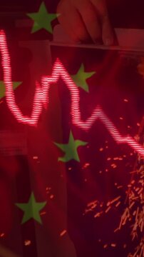 Animation of financial data processing, flag of china over factory