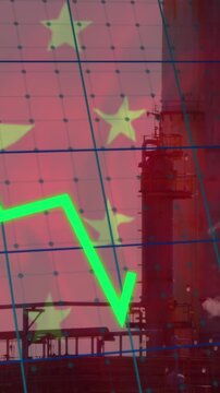 Animation of financial data processing, flag of china over factory