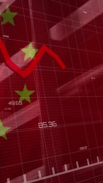 Animation of financial data processing, flag of china over factory