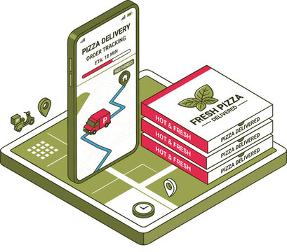 Isometric fast pizza delivery order tracking application concept with smartphone screen showing route map van and stack of fresh hot boxes