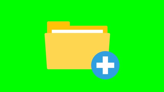Animated Yellow File Folder Icon with Pop Up and Wiggling Plus Sign Badge Looping on Green Screen Background