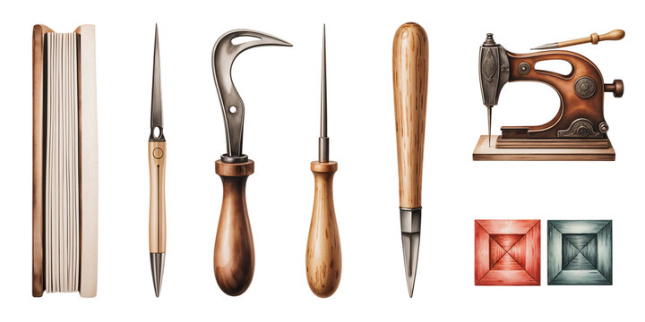 Set of vintage leather crafting tools isolated on transparent background