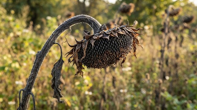 Wilted sunflower with seeds in a dry field at sunset autumn weather close up of dead landscape