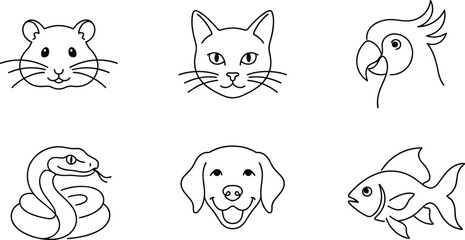 Obraz premium Pet shop and veterinary care linear icons set featuring line art faces of hamster cat parrot snake happy dog and goldfish vector illustration design