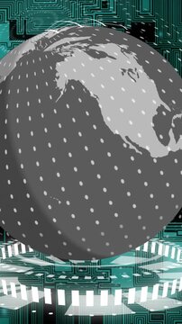 Animation of spinning globe over green shapes moving