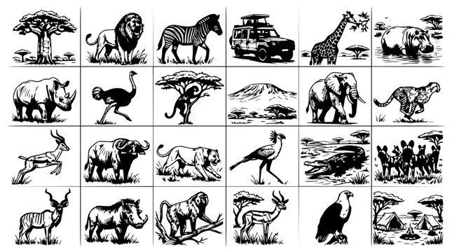 Safari set with monochrome illustrations featuring lion, elephant, giraffe, rhinoceros with zebra, hippo, and cheetah