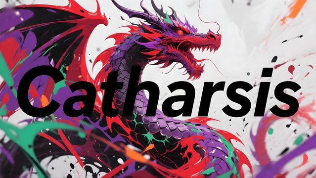Catharsis text typography design featuring a fantasy red dragon with bold black lettering on vibrant purple sky background