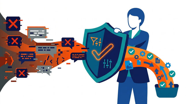 A person holding a shield to filter out bad data and allow good, processed information to flow through, illustrating data security and quality control.