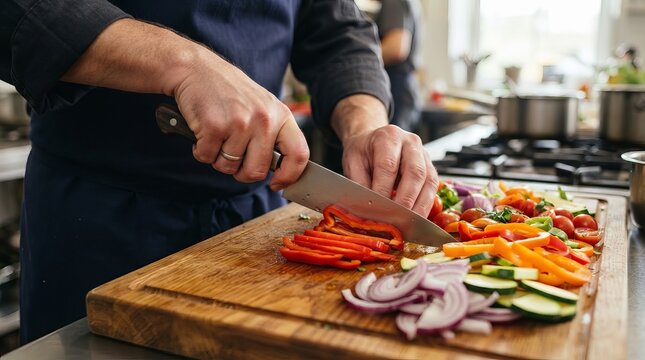 Professional Chef Slicing Fresh Colorful Vegetables for Cooking Healthy Food in Restaurant Kitchen.