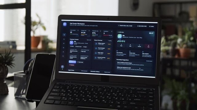 Laptop displaying call center workspace dashboard with real-time customer support metrics. Footage is perfect for B2B software marketing, customer service training videos