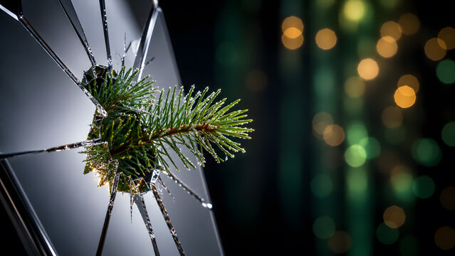 Fresh green pine fir branch breaking through a shattered dark glass surface, representing holiday breakthrough, seasonal renewal and christmas magic