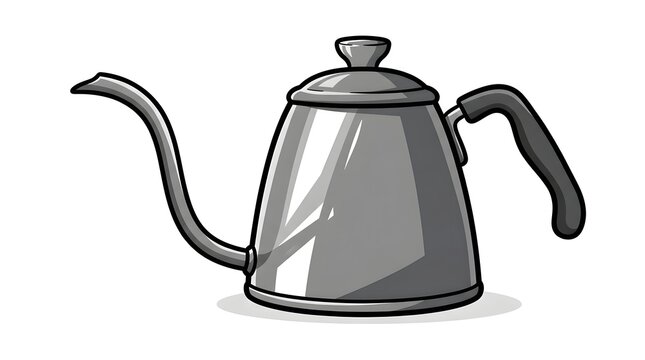 Vector illustration of a stainless steel gooseneck kettle used for pour-over coffee brewing. Cartoon style, isolated on a white background.
