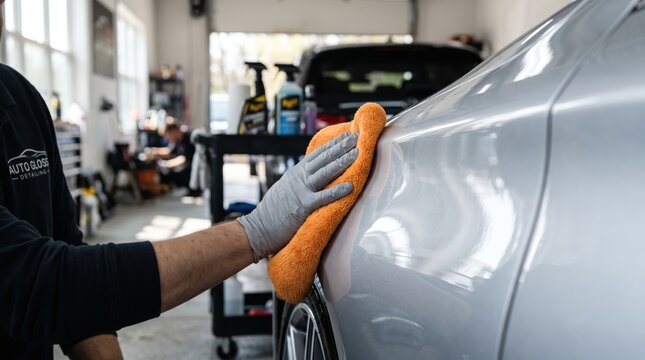 Professional auto detailer wearing gloves carefully polishing silver car body with orange microfiber cloth in garage workshop focusing