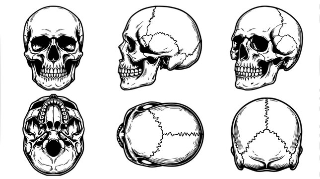 Skull set with detailed anatomical illustrations featuring frontal view, profile view, base view with sutures and cranial vault