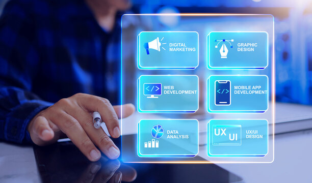 digital service concept, with programmers working on tablets, represents online business services such as public relations, advertising design, application development, and data analysis
