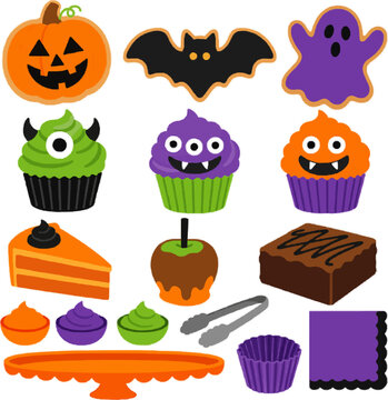 Spooky Bakery vector illustration collection with pumpkin cookies, bat cookies, purple ghost cookies, monster cupcakes