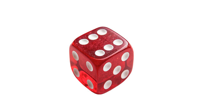 Single red gaming dice with white dots isolated on transparent background