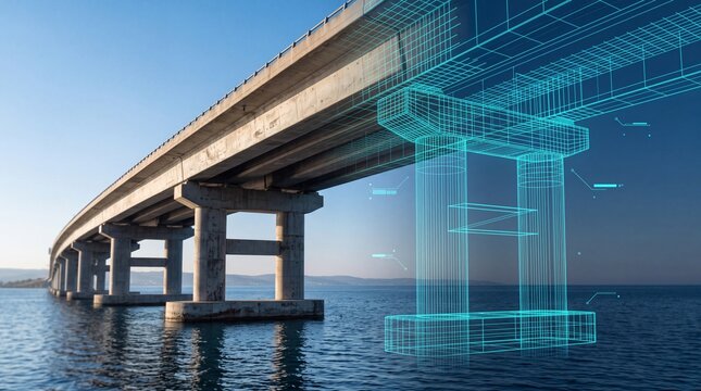 A modern bridge over water, showcasing architectural design with a digital overlay representing structural elements.