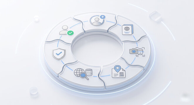 Circular eKYC workflow showing onboarding, verification, authentication, compliance review, and approval cycle.