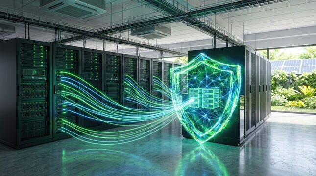 A modern data center showcasing advanced cybersecurity with vibrant digital shield graphics.