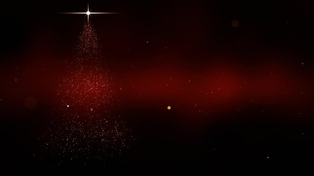 abstract rotating Christmas tree composed of glowing particles shines continuously against a deep red atmospheric festive background