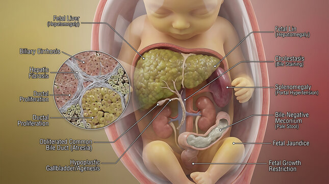 Transparent Severe Congenital Biliary Atresia with Obstructed Bile Ducts Hepatic Fibrosis Biliary Cirrhosis Small Gallbladder Portal Hypertension Splenomegaly