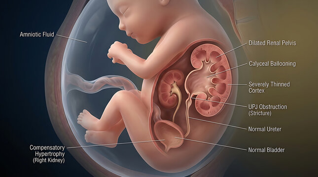 Transparent Severe Congenital Hydronephrosis with Dilated Renal Pelvis Ureteropelvic Junction Obstruction Renal Cortical Thinning Compensatory Hypertrophy