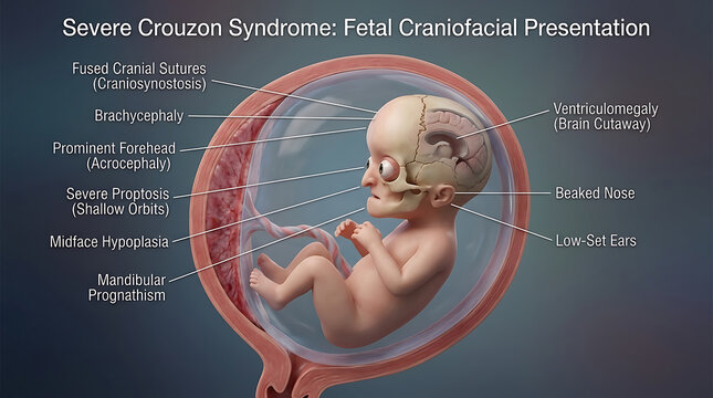 Transparent Severe Crouzon Syndrome with Craniosynostosis Brachycephaly Acrocephaly Midface Hypoplasia Proptosis Mandibular Prognathism Beaked Nose Pathology