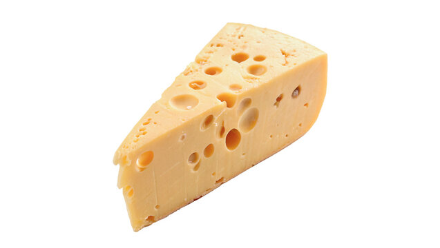 Triangular piece of hard yellow cheese with holes isolated on transparent background