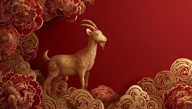Luxury Red and Gold Chinese Zodiac Goat Sculpture Background with 
Copy Space for Chinese New Year 2027 Celebration