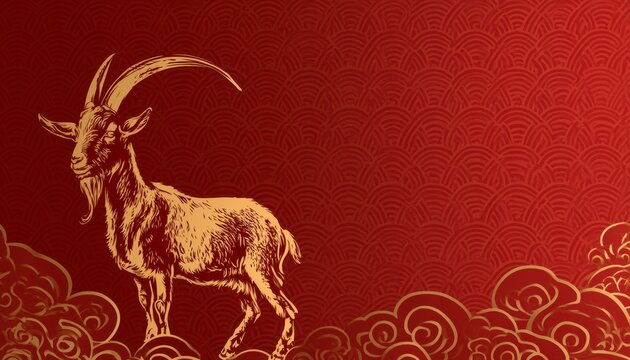 Luxury Red and Gold Chinese Zodiac Goat Sculpture Background with 
Copy Space for Chinese New Year 2027 Celebration
