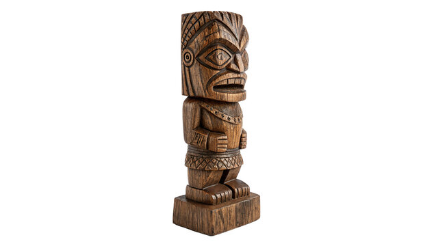 Traditional tribal wooden tiki totem pole sculpture isolated on transparent background