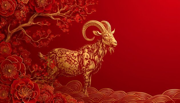 Luxury Red and Gold Chinese Zodiac Goat Sculpture Background with 
Copy Space for Chinese New Year 2027 Celebration