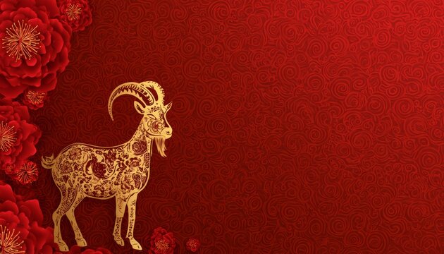 Luxury Red and Gold Chinese Zodiac Goat Sculpture Background with 
Copy Space for Chinese New Year 2027 Celebration