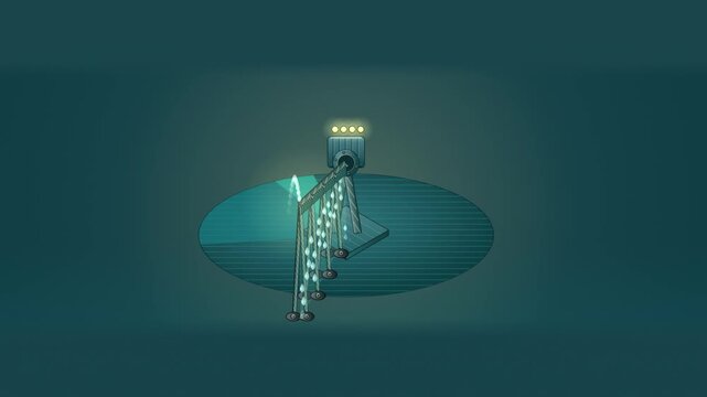 Abstract animated irrigation pivot coverage drawn as cyan and teal lines and shapes on a deep dark background. Seamless looping 4K motion graphics video with free space for text, ideal for industry ex