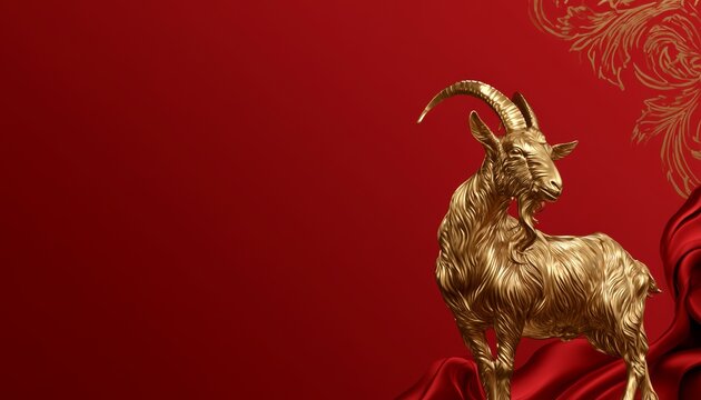 Luxury Red and Gold Chinese Zodiac Goat Sculpture Background with 
Copy Space for Chinese New Year 2027 Celebration