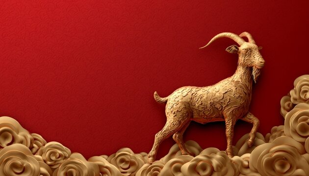 Luxury Red and Gold Chinese Zodiac Goat Sculpture Background with 
Copy Space for Chinese New Year 2027 Celebration
