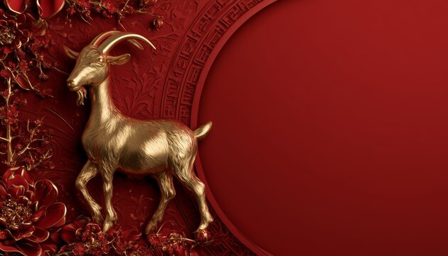 Luxury Red and Gold Chinese Zodiac Goat Sculpture Background with 
Copy Space for Chinese New Year 2027 Celebration