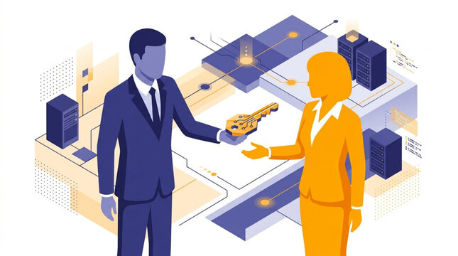 A man in a suit hands a golden key to a woman, symbolizing data access, digital security, or a business partnership within a technological network.